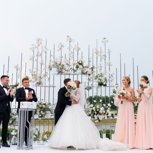 Engagement Of Bride With Groom On Outdoors Ceremony With Friends